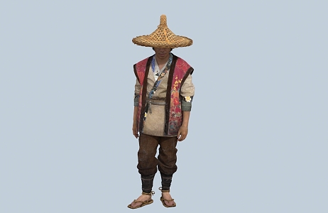 chinese man minority figure bamboo hat gourd jug male coir raincoat fisherman farmer 3d model