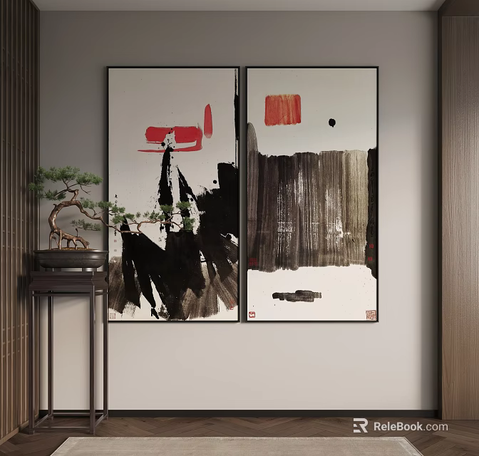 Abstract Landscape Paintings In Interior With Bonsai And Wooden Furniture 3d model 