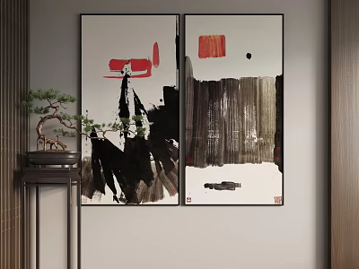 Abstract Landscape Paintings In Interior With Bonsai And Wooden Furniture 3d model