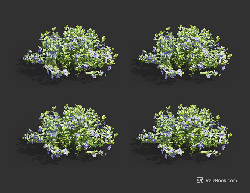 Lush Green Leafy Bushes With Small Purple Flowers In Natural Growth 3d model