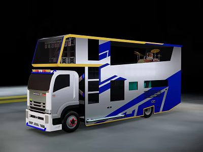Modern Double Decker Bus With Blue White And Yellow Striped Design 3d model
