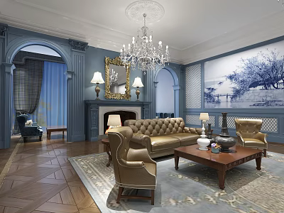 Elegant Living Room with Blue Walls Chandelier Fireplace Beige Leather Sofa Armchairs Coffee Table 3d model