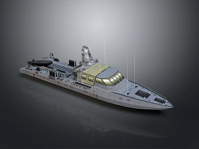 Modern Military Watercraft With Gray Hull Golden Windows And Radar Antenna Structure 3d model