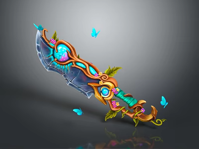 Ornate Fantasy Weapon with Glowing Blue Gems Green Leaves and Flying Butterflies 3d model