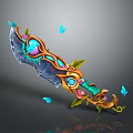 Ornate Fantasy Weapon with Glowing Blue Gems Green Leaves and Flying Butterflies