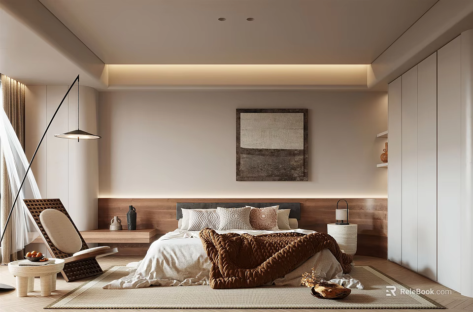 Modern Bedroom Interior With Wooden Headboard Artwork And Floor Lamp 3d model 