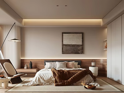 Modern Bedroom Interior With Wooden Headboard Artwork And Floor Lamp 3d model