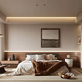 Modern Bedroom Interior With Wooden Headboard Artwork And Floor Lamp