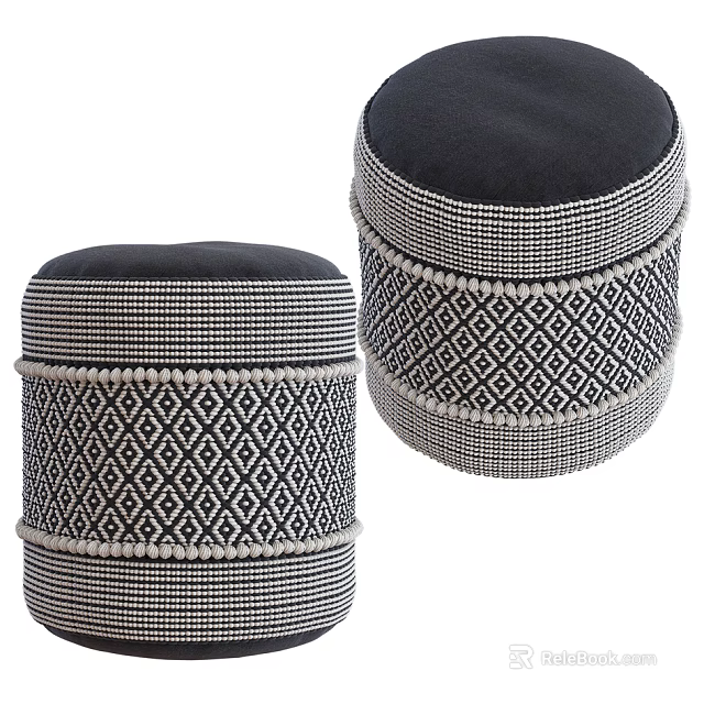 Stylish Black And White Ottoman With Geometric Diamond Pattern And Pom Pom Trim 3d model 