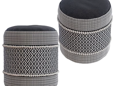 Stylish Black And White Ottoman With Geometric Diamond Pattern And Pom Pom Trim 3d model
