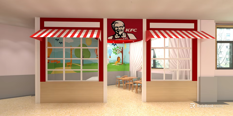KFC Themed Kindergarten With Red And White Striped Awnings And Cartoon Animal Wall Paintings 3d model 