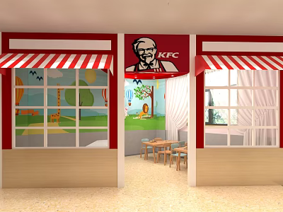 KFC Themed Kindergarten With Red And White Striped Awnings And Cartoon Animal Wall Paintings 3d model