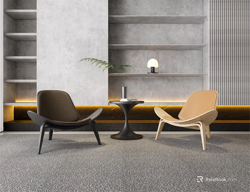 Brown And Beige Chairs With Small Round Table Gray Shelves Plant Lamp In Modern Space 3d model 