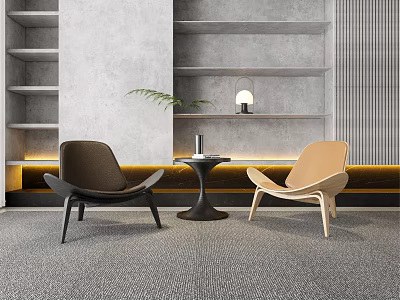 Brown And Beige Chairs With Small Round Table Gray Shelves Plant Lamp In Modern Space 3d model