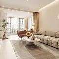 Modern Living Dining Room Interior With Beige Sofa Round Decorative Lights And Green Plants