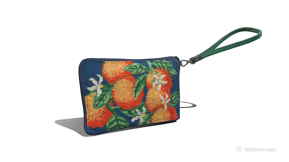 Fashionable Embroidered Clutch Bag With Orange White Flower Pattern Navy Blue Background And Green Wristlet 3d model 