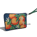 Fashionable Embroidered Clutch Bag With Orange White Flower Pattern Navy Blue Background And Green Wristlet