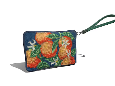 Fashionable Embroidered Clutch Bag With Orange White Flower Pattern Navy Blue Background And Green Wristlet 3d model