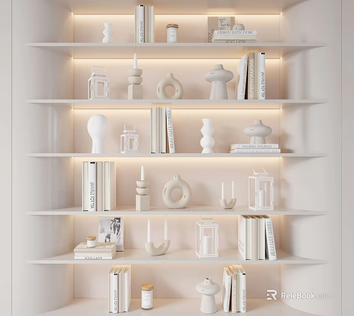 White Multi Layer Shelf With Decorative Ornament Combination Books And Built In Lighting 3d model 