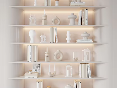 White Multi Layer Shelf With Decorative Ornament Combination Books And Built In Lighting 3d model