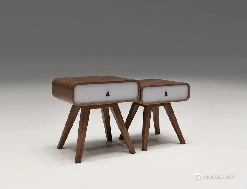 Set of Two Modern Wooden Bedside Tables With White Drawer Fronts And Tapered Legs 3d model 