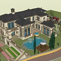 Elegant Single Family Villa Exterior With Dark Roof Red Car Trees and People at Entrance