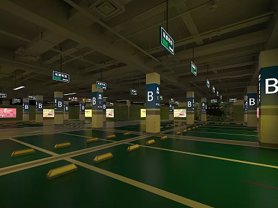 Well Lit Indoor Parking Lot With Green Floor Yellow Wheel Stops And Zone Signs 3d model