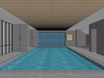 Indoor Swimming Pool With Wooden Ceiling Gray Walls And Lounge Chairs 3d model
