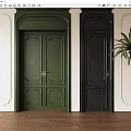 Elegant Green And Black Double Doors With White Walls Wooden Floor And Potted Plant