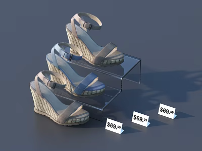 Stacked Women's Wedge Sandals On Transparent Display Stand With Price Tags 3d model