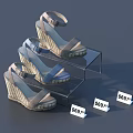 Stacked Women's Wedge Sandals On Transparent Display Stand With Price Tags