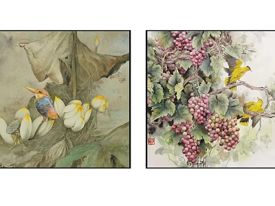 Traditional Chinese Paintings Featuring Lotus Grapes And Birds In Classic Art Style 3d model
