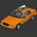 Golden Taxi with Roof Advertisement Sign and Yellow Body Decals on Dark Reflective Surface