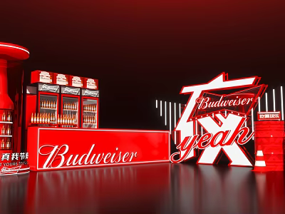 Budweiser Red Display Setup With Yeah Sign And Product Shelves 3d model