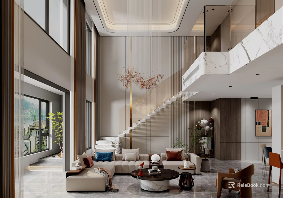 Duplex Living Room Interior With Modern Sofa Coffee Table Marble Staircase Floor-to-Ceiling Windows And Chandelier 3d model 