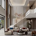 Duplex Living Room Interior With Modern Sofa Coffee Table Marble Staircase Floor-to-Ceiling Windows And Chandelier