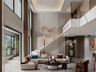 Duplex Living Room Interior With Modern Sofa Coffee Table Marble Staircase Floor-to-Ceiling Windows And Chandelier 3d model