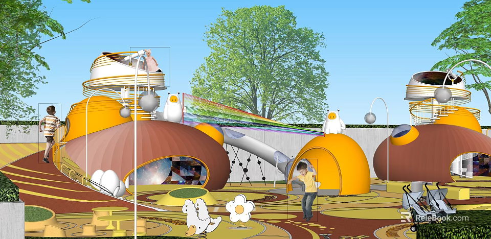Colorful Children Playground With Rainbow Slide Mushroom Houses And Kids Playing 3d model 