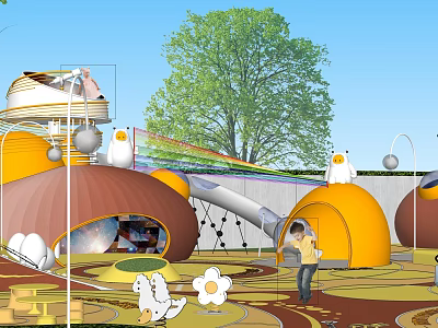 Colorful Children Playground With Rainbow Slide Mushroom Houses And Kids Playing 3d model