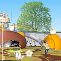 Colorful Children Playground With Rainbow Slide Mushroom Houses And Kids Playing