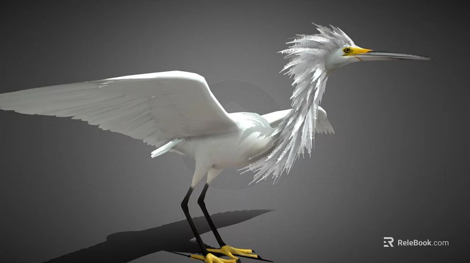 Great Egret With White Feathers Spreading Wings Yellow Beak Black Legs Yellow Feet Gray Background 3d model 