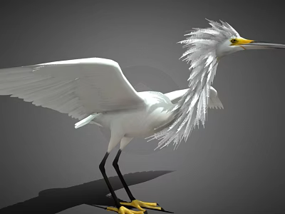 Great Egret With White Feathers Spreading Wings Yellow Beak Black Legs Yellow Feet Gray Background 3d model