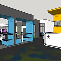 Modern Office Interior With Blue Seating Yellow Accents Open Layout And Computers 3d model
