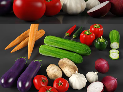 Assorted Fresh Vegetables Collection Featuring Tomato Carrot Cucumber Eggplant Garlic Mushroom And Onion 3d model