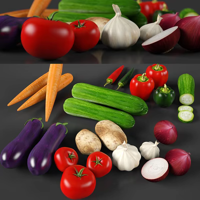 Assorted Fresh Vegetables Collection Featuring Tomato Carrot Cucumber Eggplant Garlic Mushroom And Onion 3d model