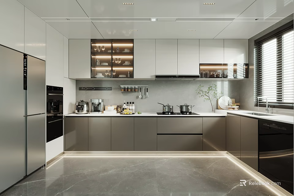 Modern Kitchen Interior With Gray Cabinets Stainless Steel Appliances And Sleek Countertops 3d model 