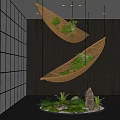 Indoor Landscape With Hanging Bamboo Boats Green Plants White Tile Black Wall And Circular Floor