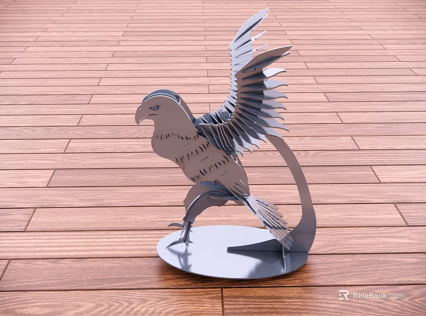 Metal Bird Sculpture with Spread Wings on Metal Base and Wooden Floor 3d model 