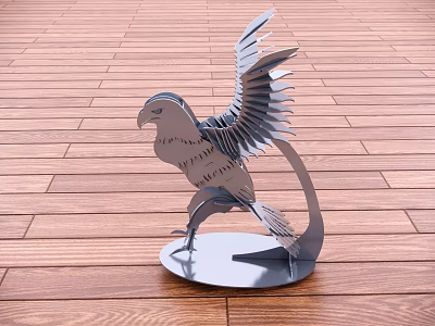 Metal Bird Sculpture with Spread Wings on Metal Base and Wooden Floor 3d model