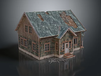 Abandoned Old House Featuring Damaged Roof Shingles Exposed Wooden Beams Weathered Siding and Debris 3d model